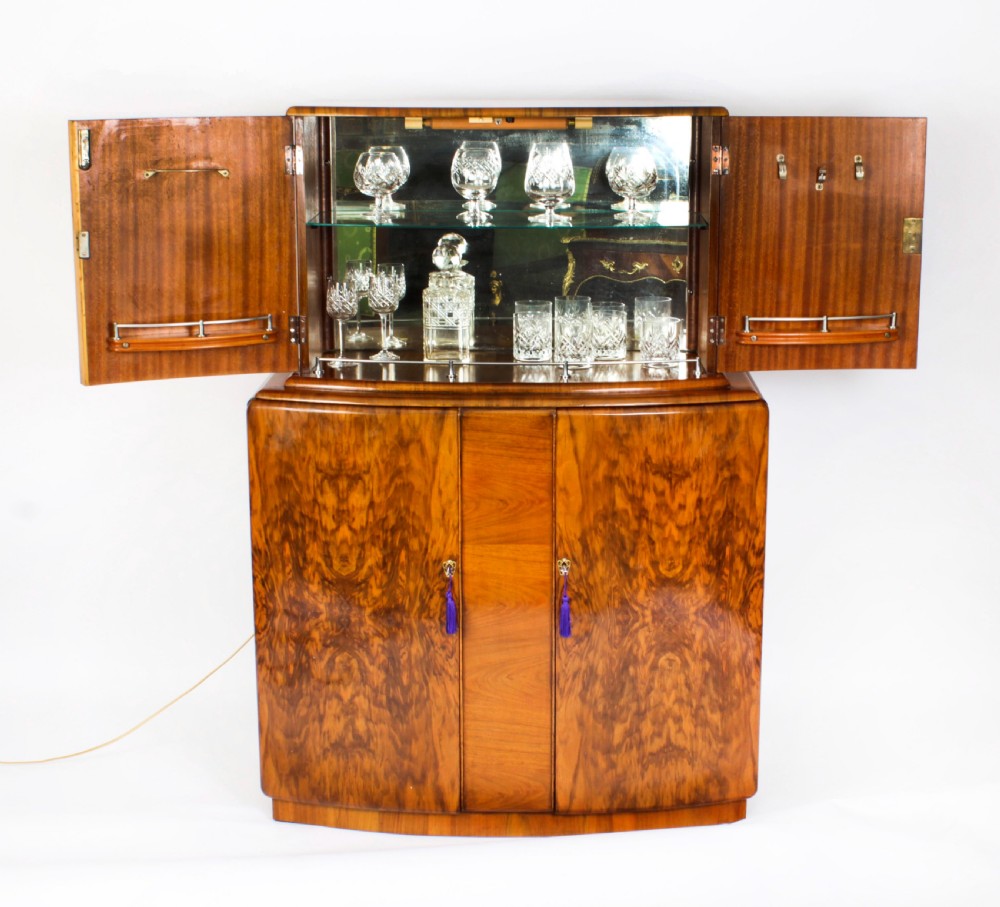 Antique Art Deco Burr Walnut Half Moon Cocktail Bar c.1920
 View II