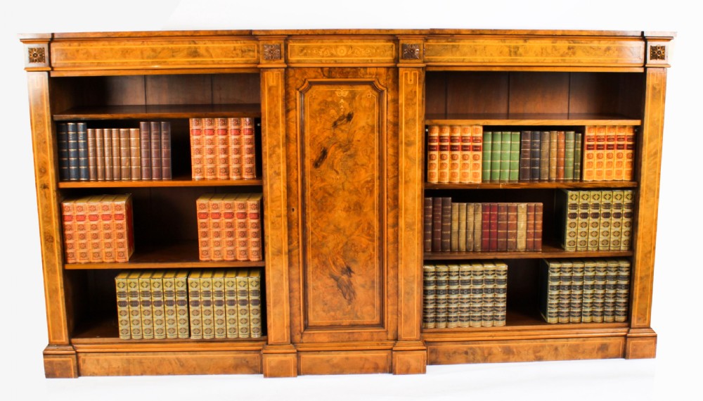 Antique Victorian Burr Walnut & Inlaid Breakfront Open Bookcase 19th C
