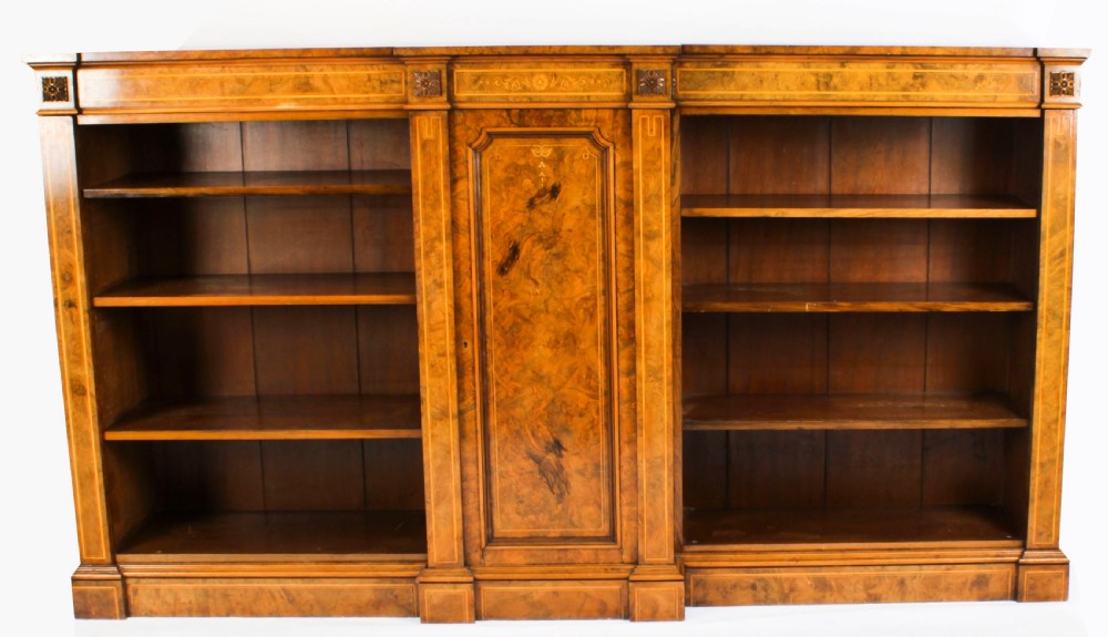 Antique Victorian Burr Walnut & Inlaid Breakfront Open Bookcase 19th C
 View II