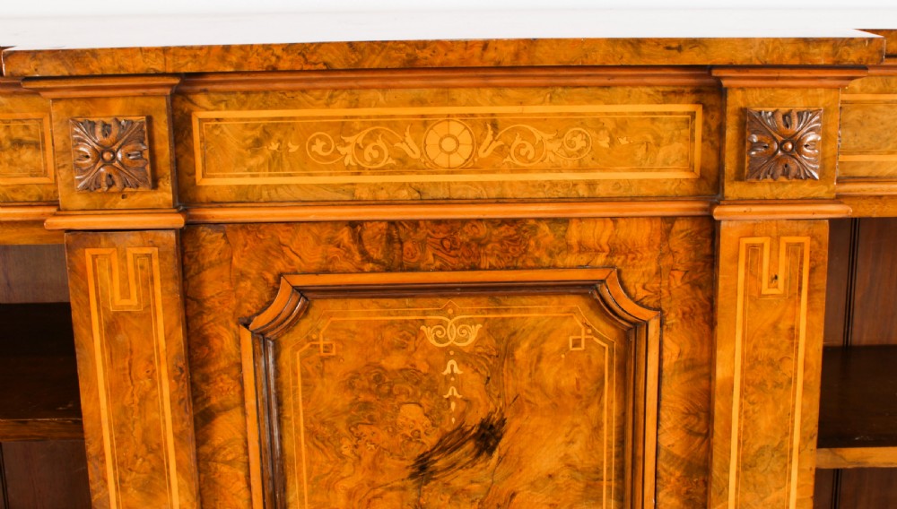 Antique Victorian Burr Walnut & Inlaid Breakfront Open Bookcase 19th C
 View III