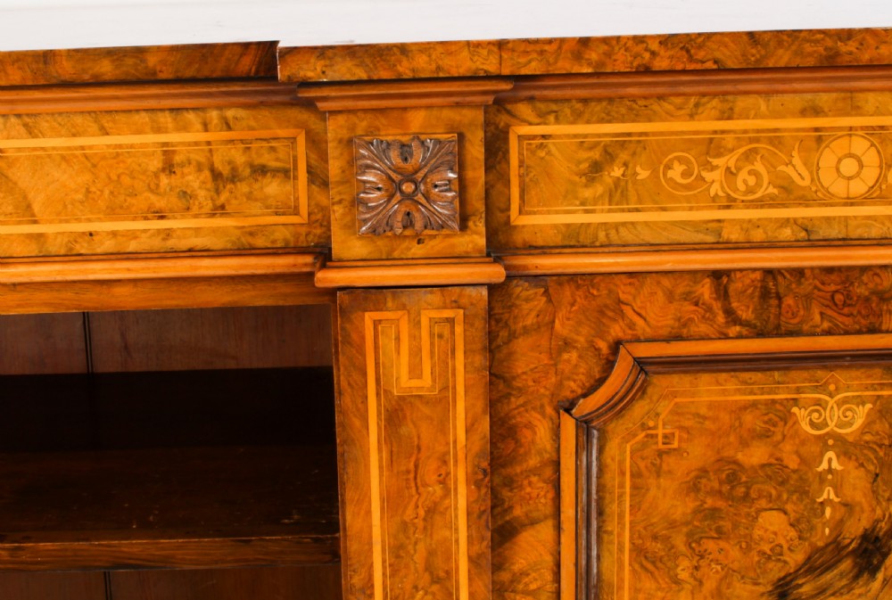 Antique Victorian Burr Walnut & Inlaid Breakfront Open Bookcase 19th C
 View IV