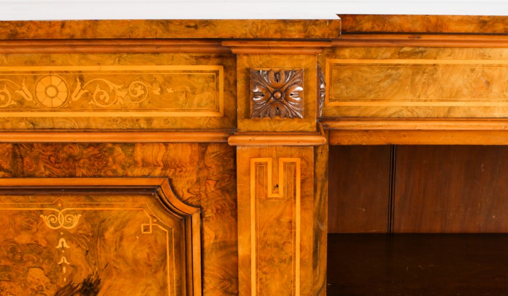 Antique Victorian Burr Walnut & Inlaid Breakfront Open Bookcase 19th C
 View V