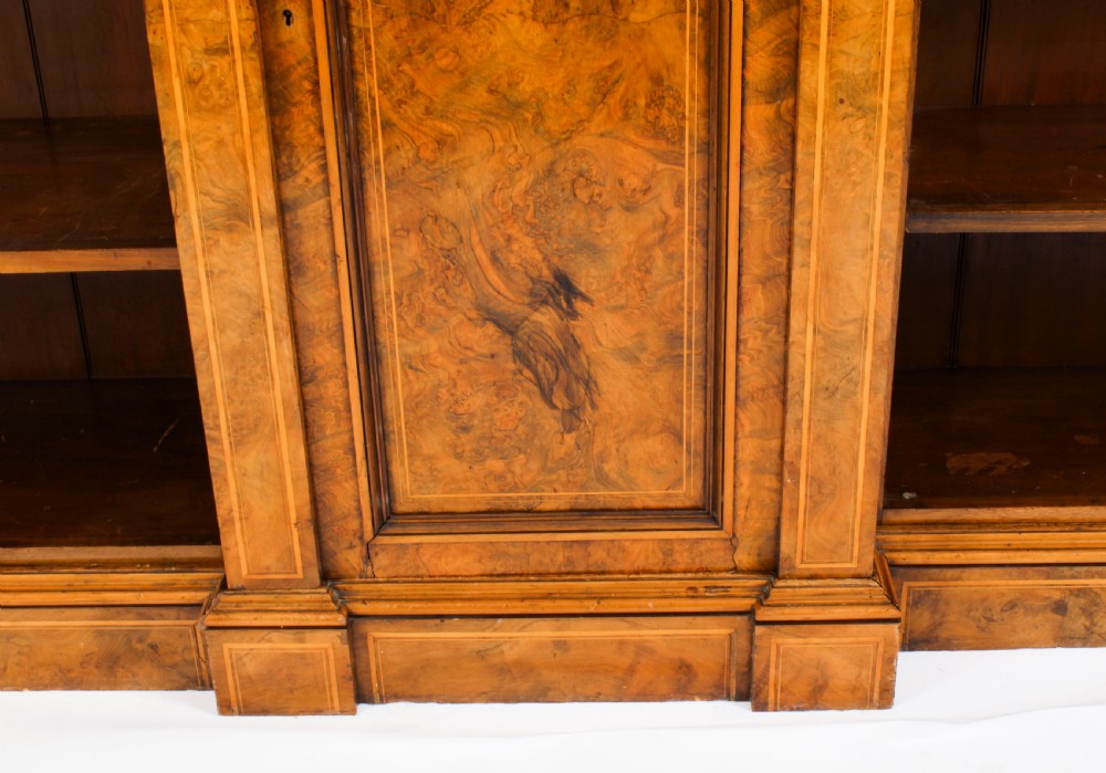Antique Victorian Burr Walnut & Inlaid Breakfront Open Bookcase 19th C
 View IX