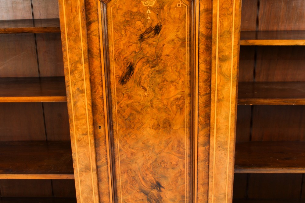 Antique Victorian Burr Walnut & Inlaid Breakfront Open Bookcase 19th C
 View X