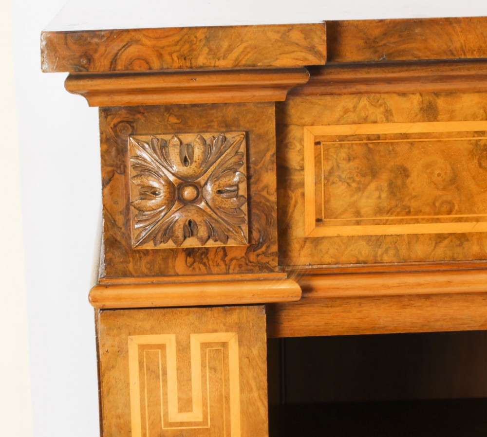 Antique Victorian Burr Walnut & Inlaid Breakfront Open Bookcase 19th C
 View XII