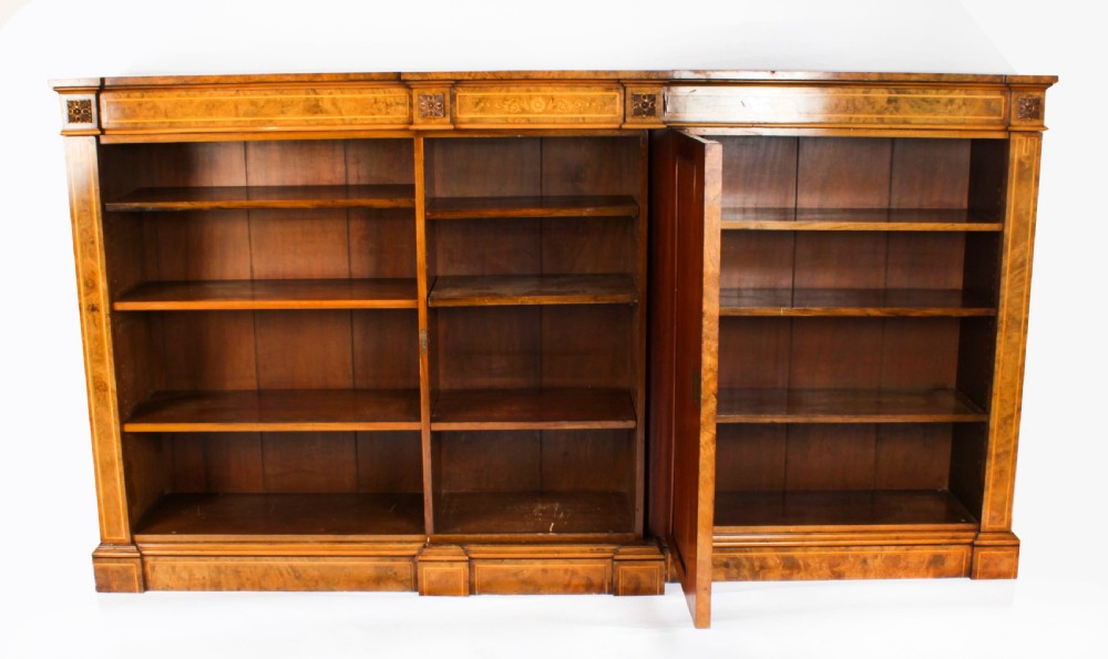 Antique Victorian Burr Walnut & Inlaid Breakfront Open Bookcase 19th C
 View XVI