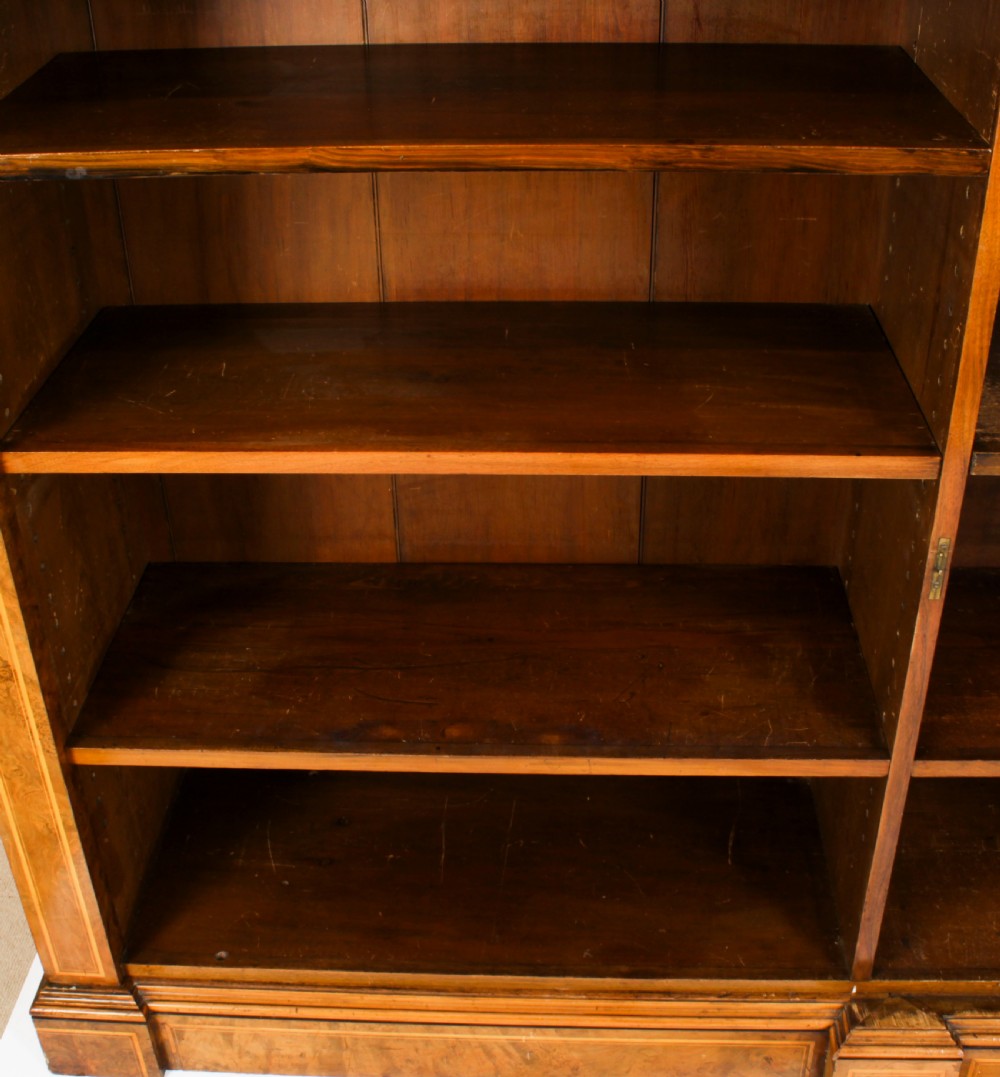 Antique Victorian Burr Walnut & Inlaid Breakfront Open Bookcase 19th C
 View XIX
