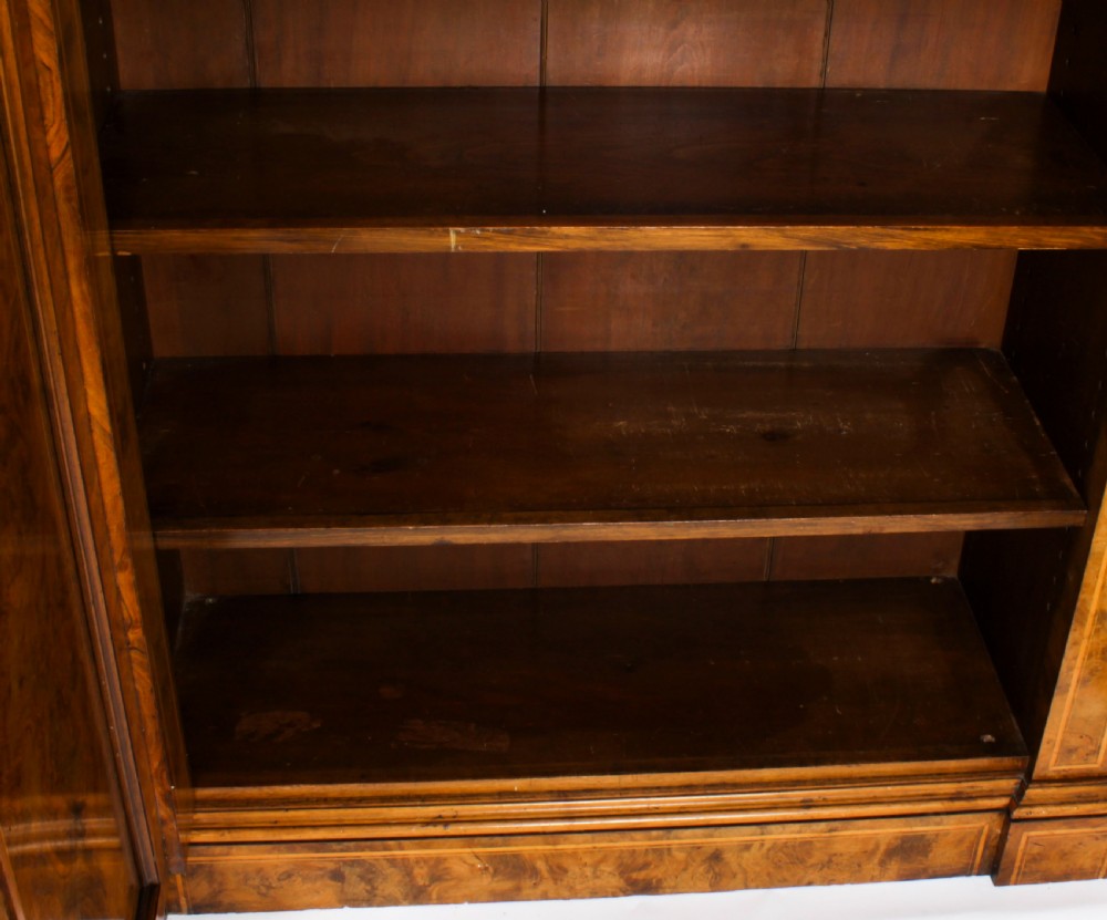 Antique Victorian Burr Walnut & Inlaid Breakfront Open Bookcase 19th C
 View XXI