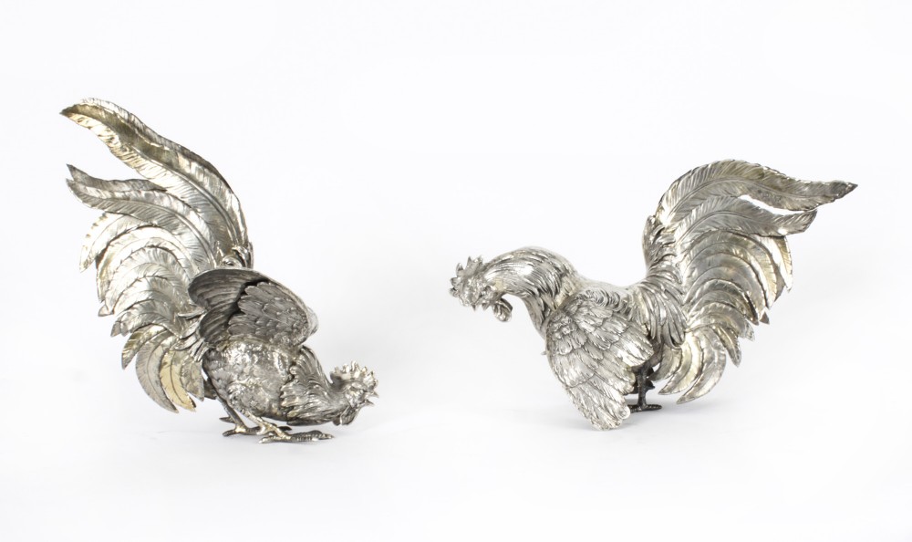 Antique Pair German Silver Fighting Cockerels C 1880 19th C
