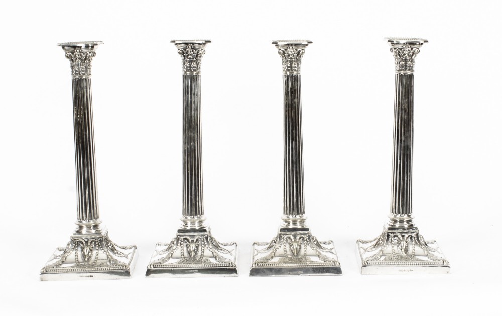Antique Set 4 Silver Plated Candlesticks by Walker and Hall 19th C
