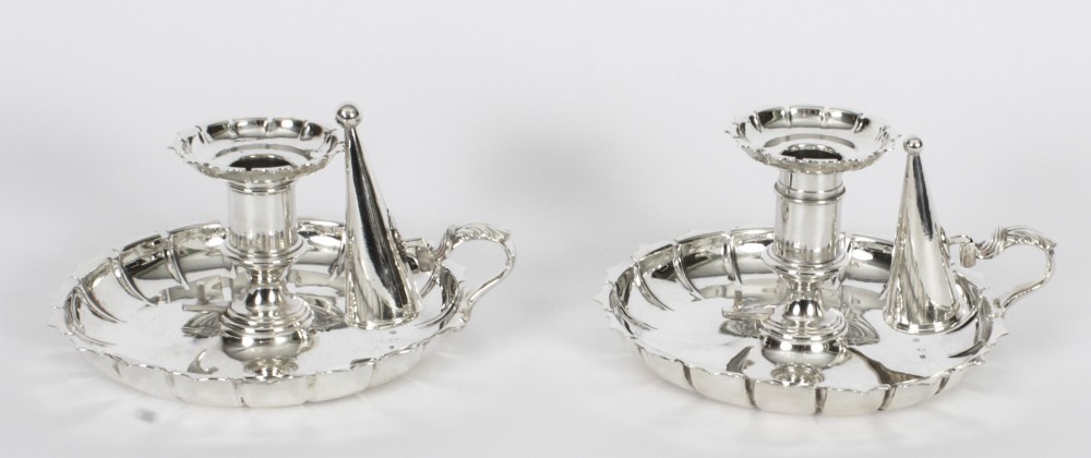 Antique Pair Silver Plated Chamber Candlesticks C1840 19th C
