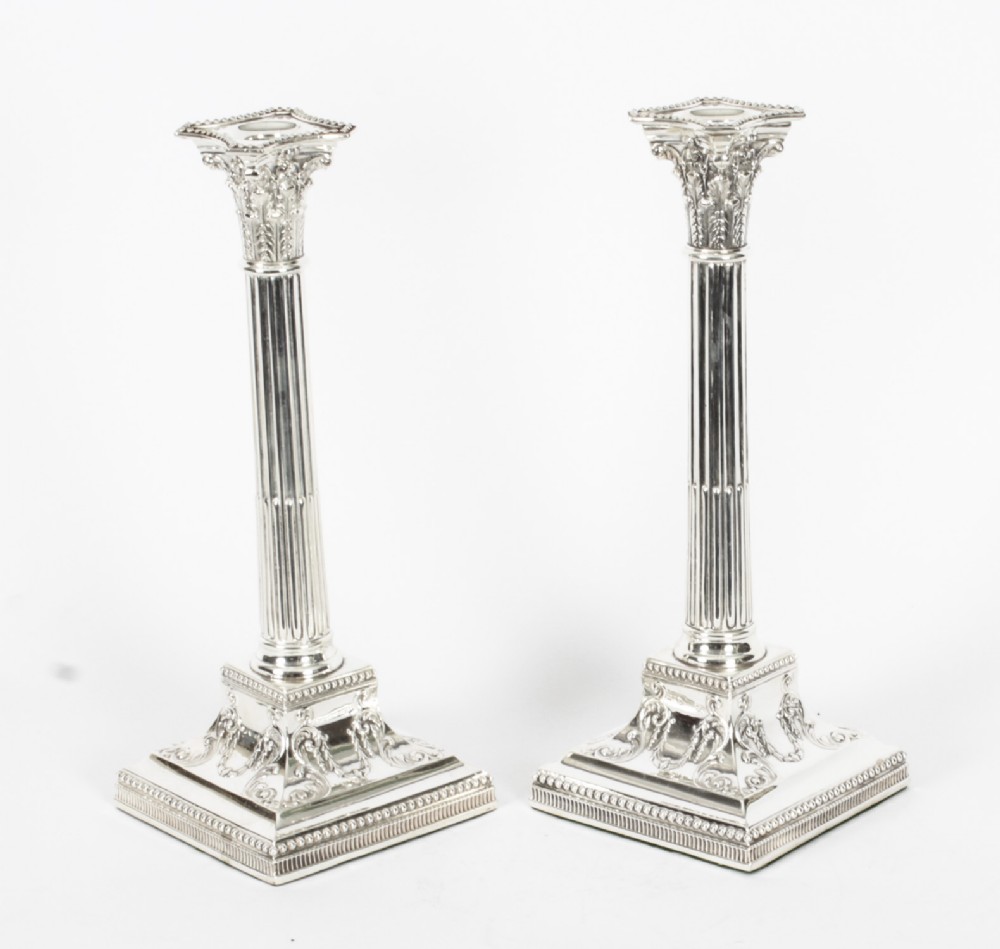 Antique Victorian Pair Neo-classical Silver Plated Candlesticks Late 19th C
