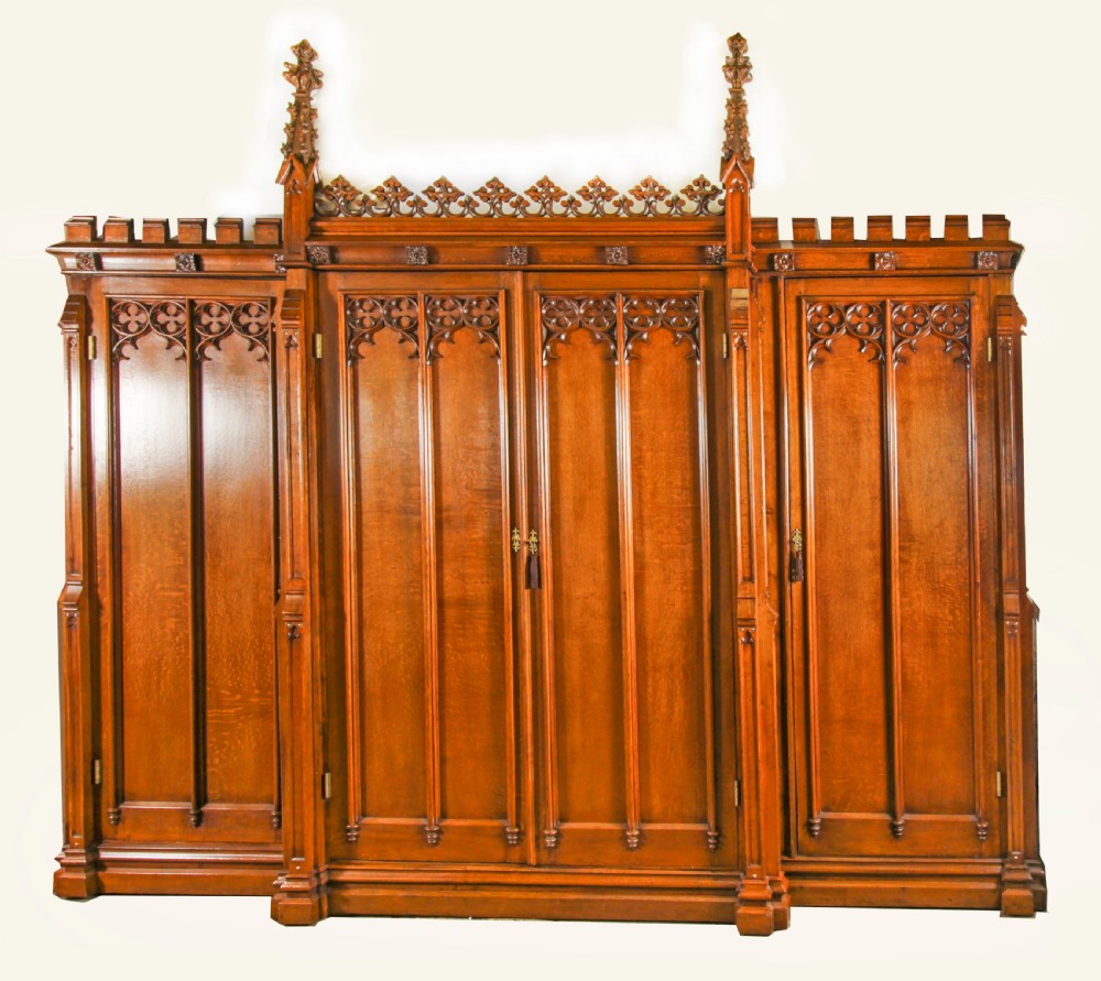 Antique Gothic Revival Oak Breakfront Wardrobe Thomas King C1840 19th C
