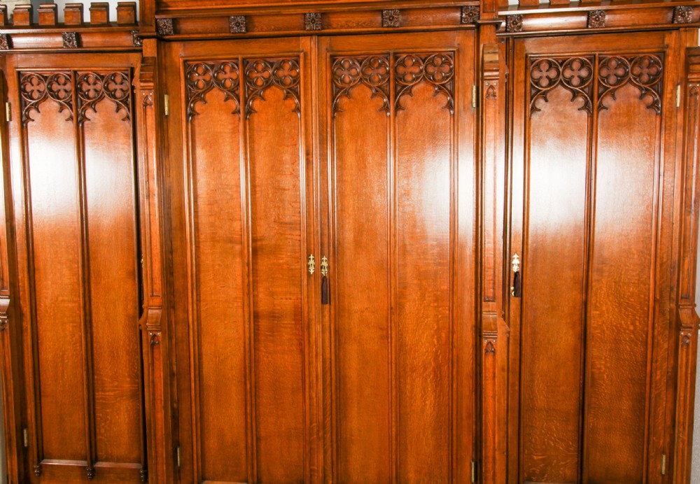 Antique Gothic Revival Oak Breakfront Wardrobe Thomas King C1840 19th C
 View IV