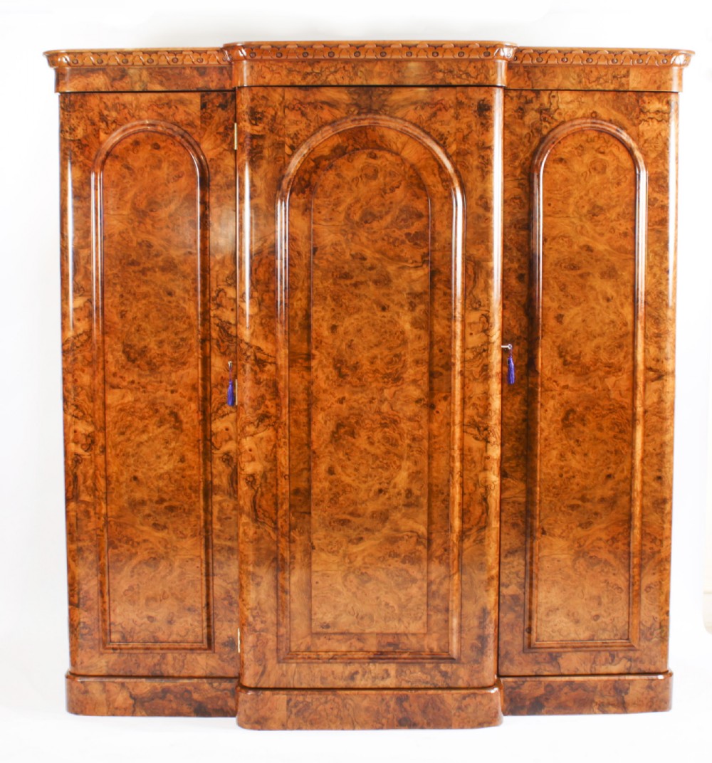 Antique Victorian Burr Walnut Three Door Breakfront Wardrobe 19th C
