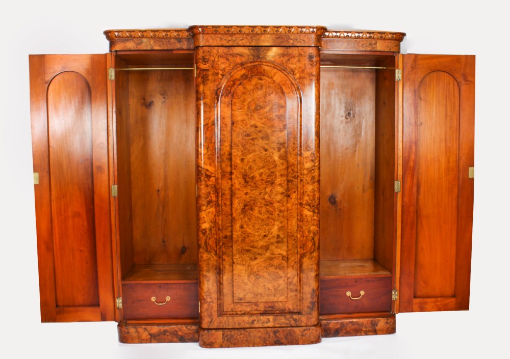 Antique Victorian Burr Walnut Three Door Breakfront Wardrobe 19th C
 View XVI