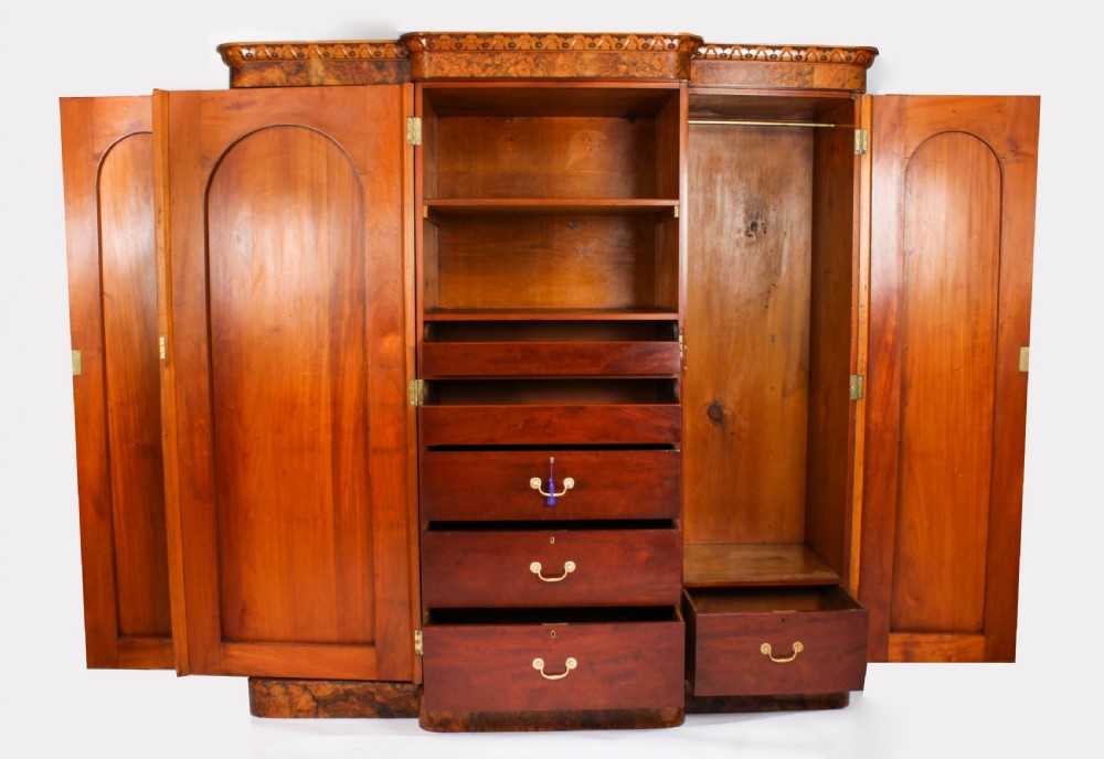 Antique Victorian Burr Walnut Three Door Breakfront Wardrobe 19th C
 View XVII