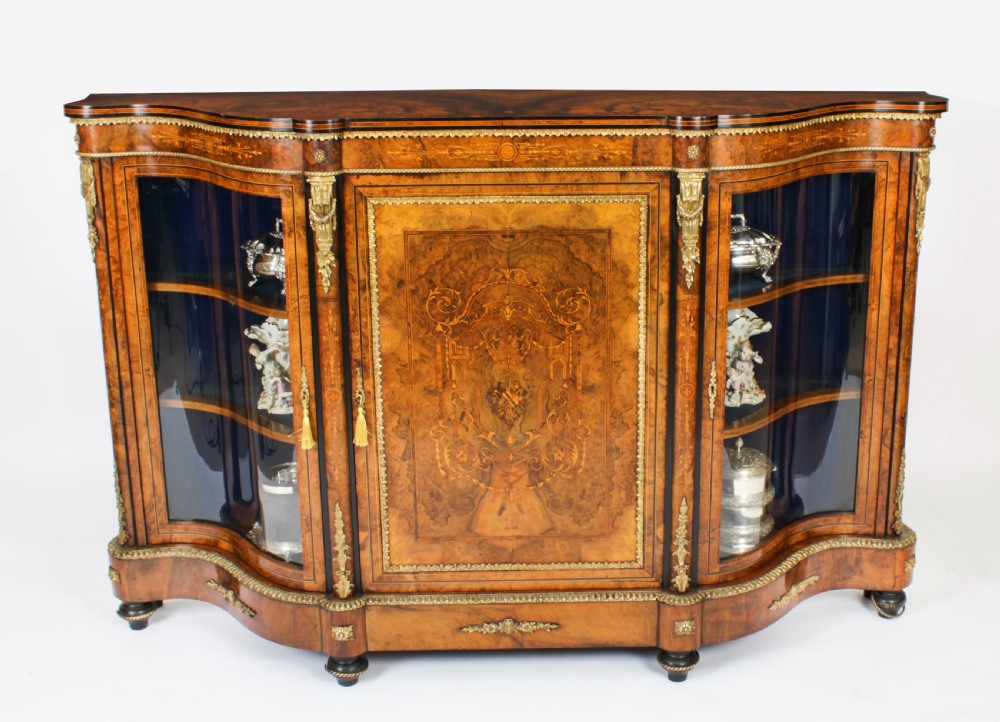 Antique Victorian Serpentine Burr Walnut Marquetry Credenza 19th C
 View II