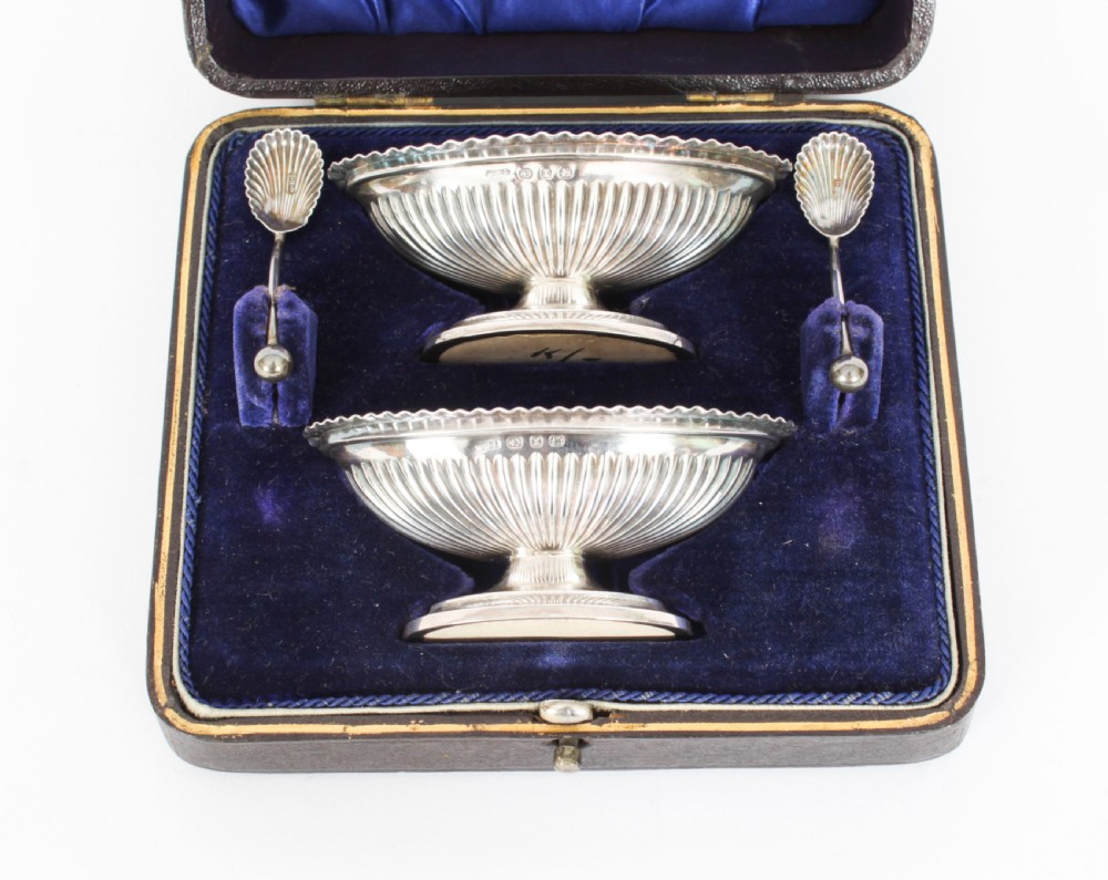 Antique Pair of Sterling Silver Salts & Spoons by William H Leather 1897 19th C
