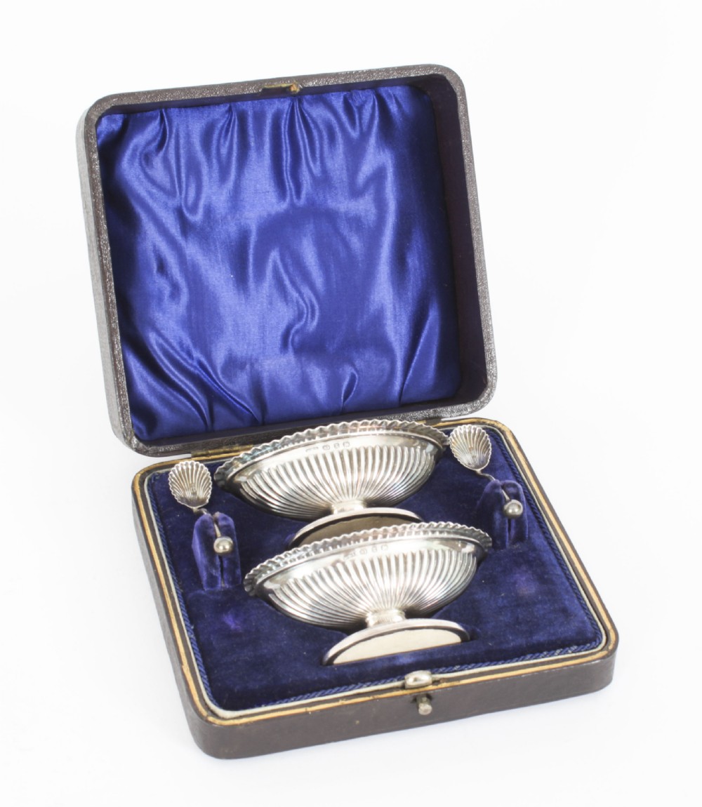 Antique Pair of Sterling Silver Salts & Spoons by William H Leather 1897 19th C
 View XXVII