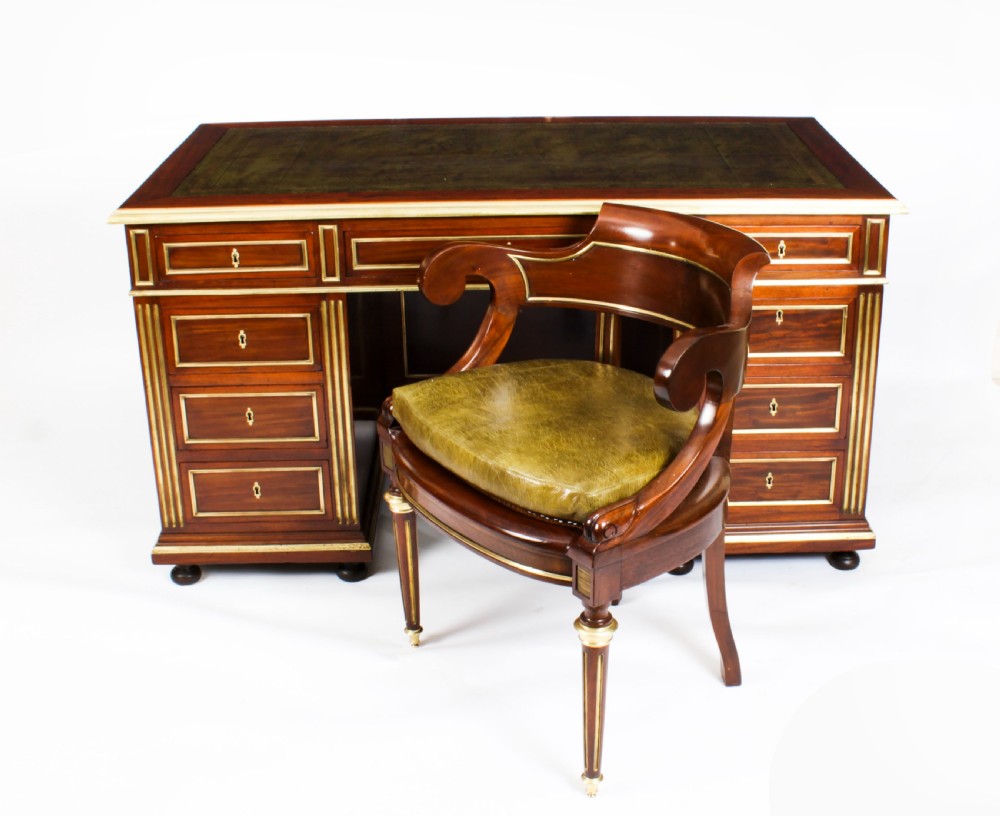 Antique French Directoire Ormolu Mounted Pedestal Desk & Armchair 19th C
