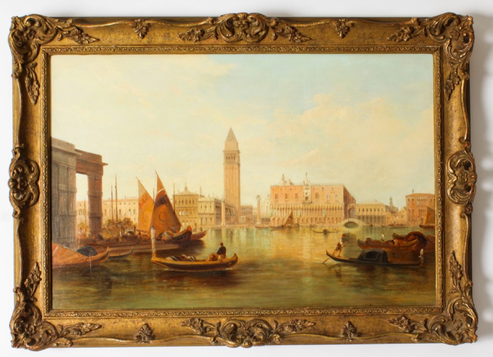 Antique Oil Painting Grand Canal Ducal Palace Venice Alfred Pollentine 1882
