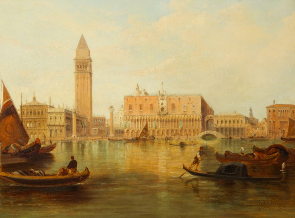Antique Oil Painting Grand Canal Ducal Palace Venice Alfred Pollentine 1882
 View IV