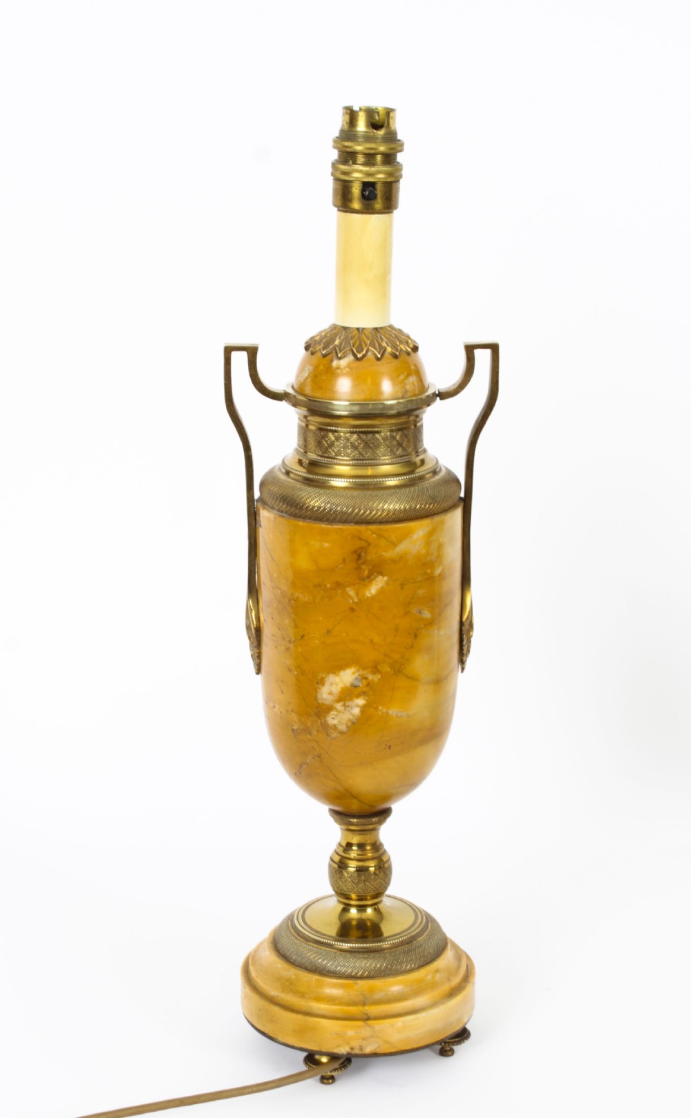 A pair of 19th-century French urn-form Siena marble table lamps featuring detailed gilt bronze mounts and handles. View XI