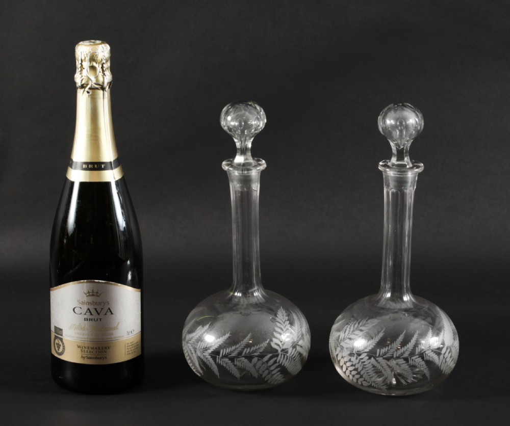 Antique Pair Etched Glass Decanters and Stoppers 19th Century
 View XII