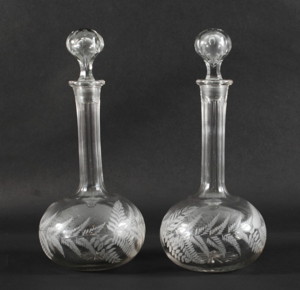Antique Pair Etched Glass Decanters and Stoppers 19th Century
 View XIII