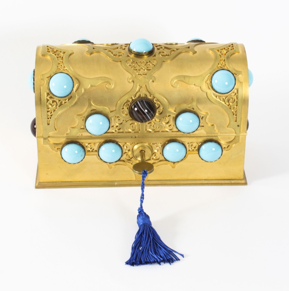 Antique French Ormolu Casket Turquoise Carnelian & Tigers-eye 19th Century
 View II