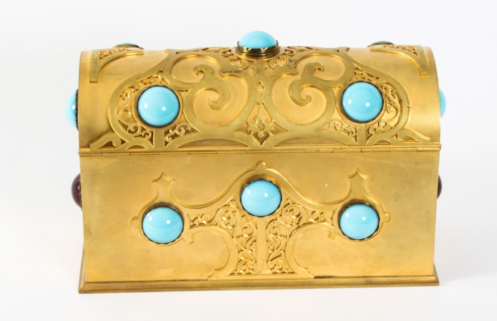 Antique French Ormolu Casket Turquoise Carnelian & Tigers-eye 19th Century
 View V