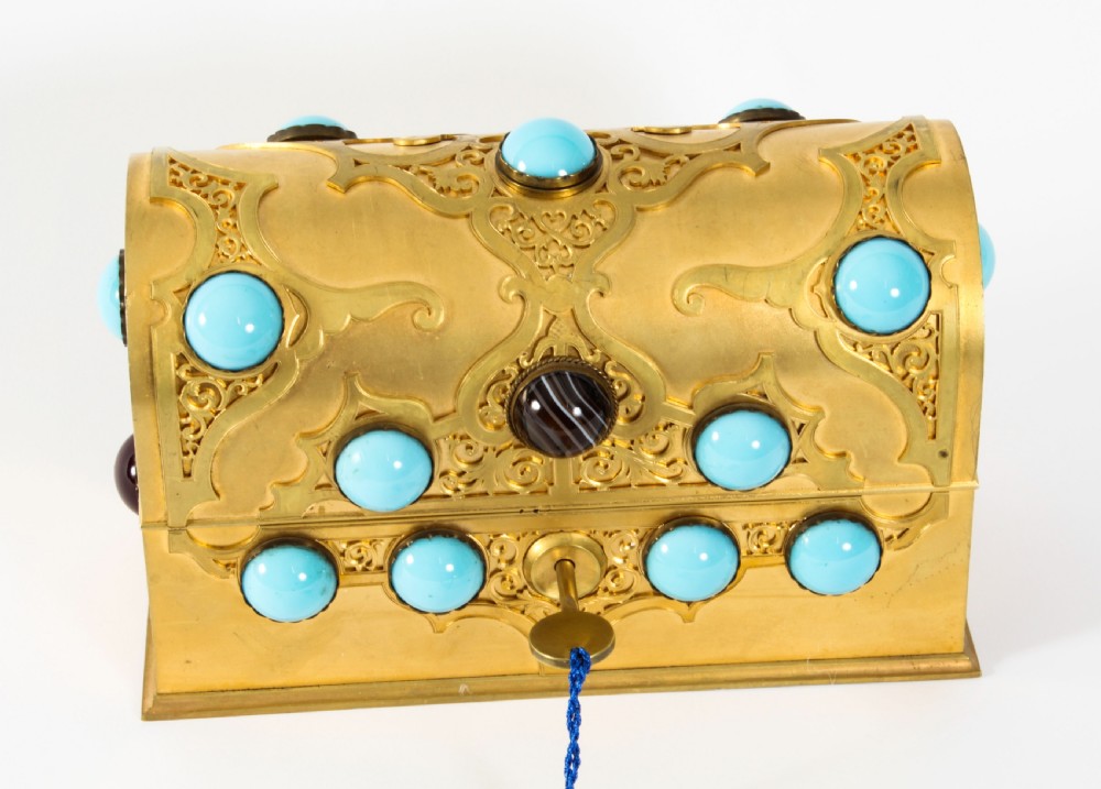 Antique French Ormolu Casket Turquoise Carnelian & Tigers-eye 19th Century
 View X