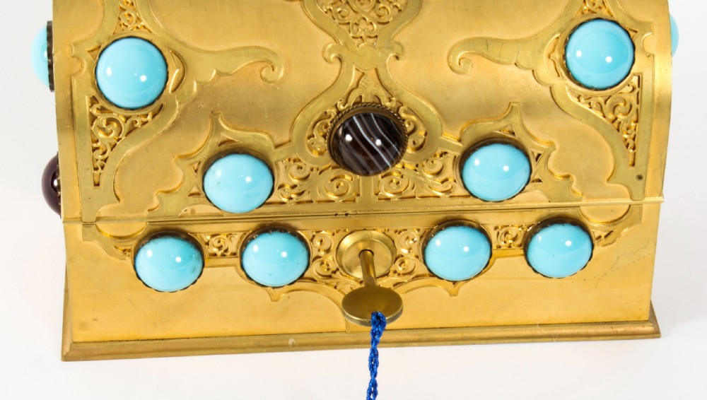 Antique French Ormolu Casket Turquoise Carnelian & Tigers-eye 19th Century
 View XI