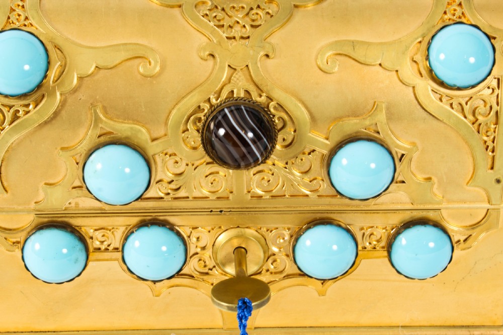 Antique French Ormolu Casket Turquoise Carnelian & Tigers-eye 19th Century
 View XII