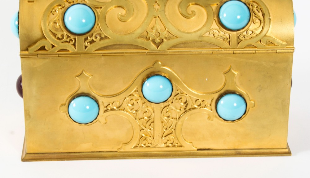 Antique French Ormolu Casket Turquoise Carnelian & Tigers-eye 19th Century
 View XIII