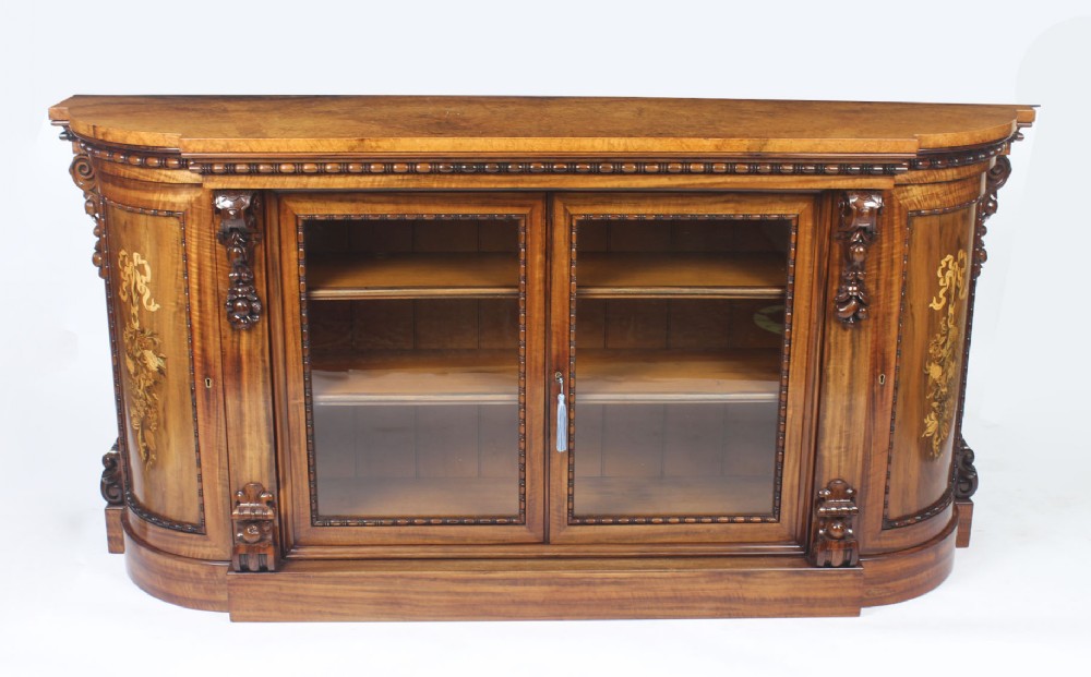 Antique Victorian Burr Walnut & Floral Marquetry Credenza 19th C
