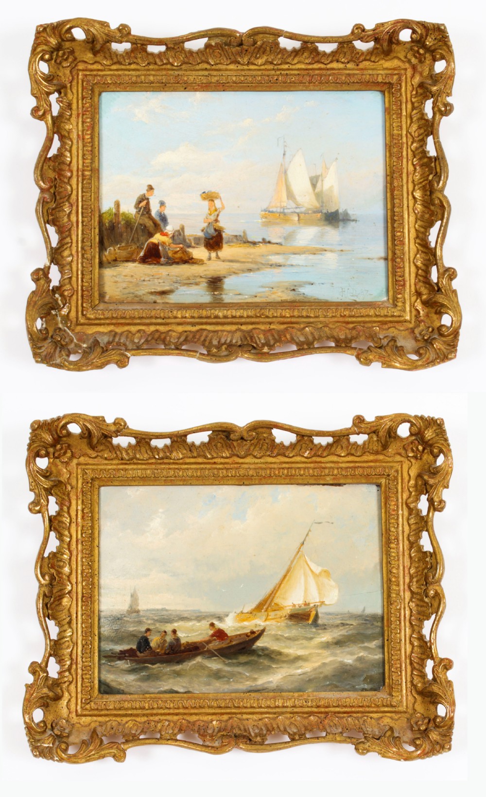 Antique Pair Waterscape Oil Paintings by Peter Dommersen 1887 19th C
