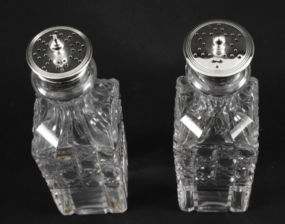 A Victorian silver-plated rectangular cruet stand holding six faceted cut-glass condiment bottles with metal tops and glass stoppers. View XVIII