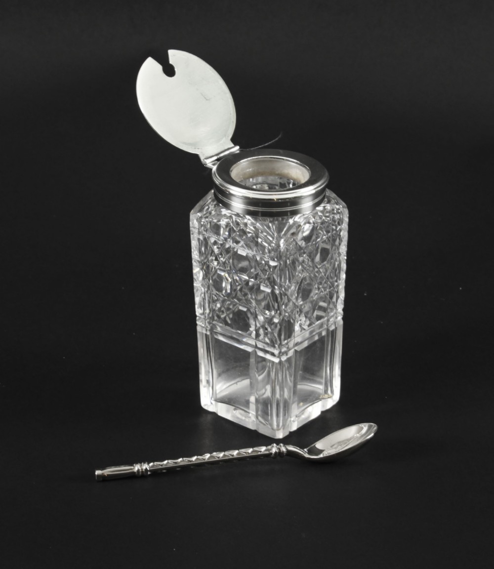 A Victorian silver-plated rectangular cruet stand holding six faceted cut-glass condiment bottles with metal tops and glass stoppers. View XXI