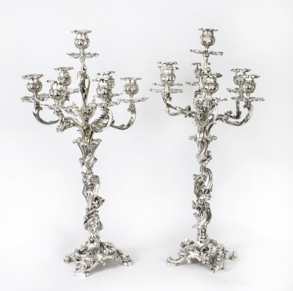 Antique Pair French Rococo Revival 7 Light Silver Plated Candelabra c.1920
