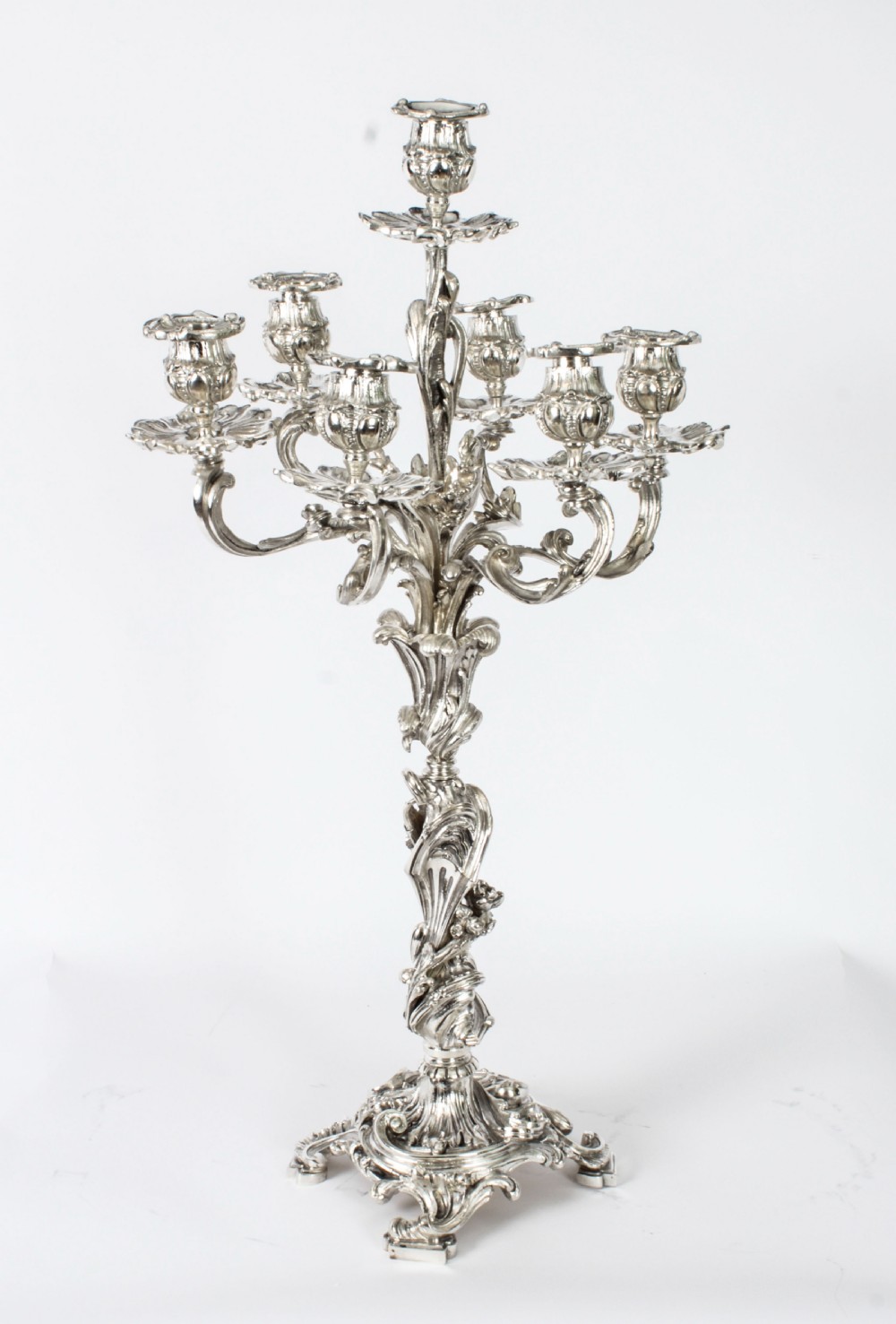 Antique Pair French Rococo Revival 7 Light Silver Plated Candelabra c.1920
 View II