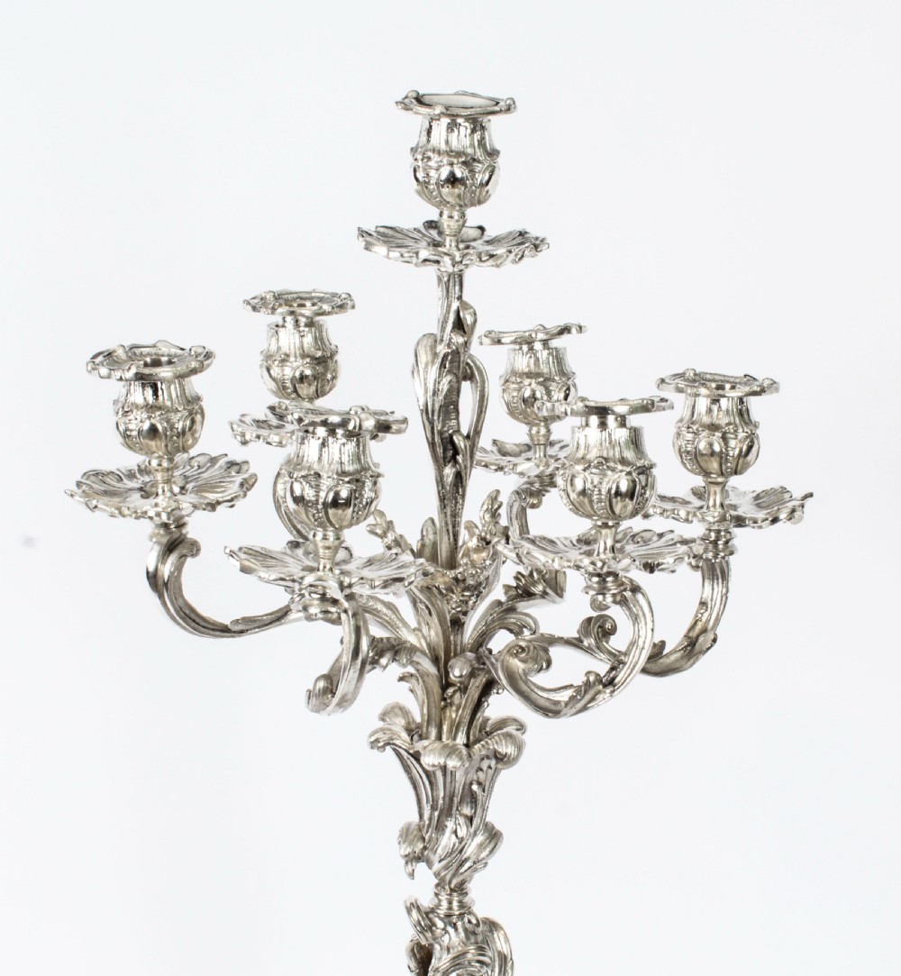 Antique Pair French Rococo Revival 7 Light Silver Plated Candelabra c.1920
 View III