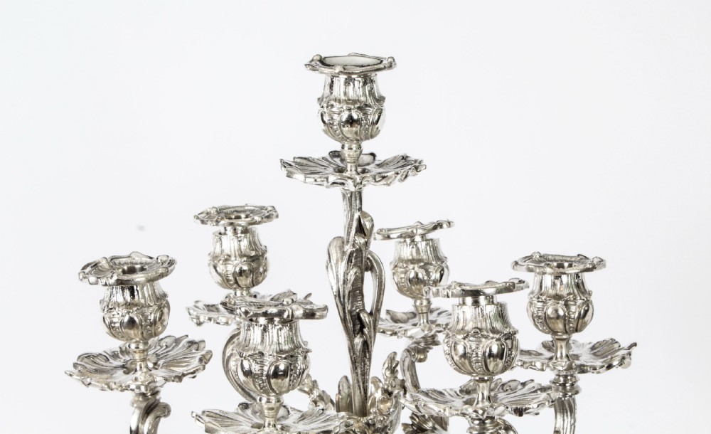Antique Pair French Rococo Revival 7 Light Silver Plated Candelabra c.1920
 View IV