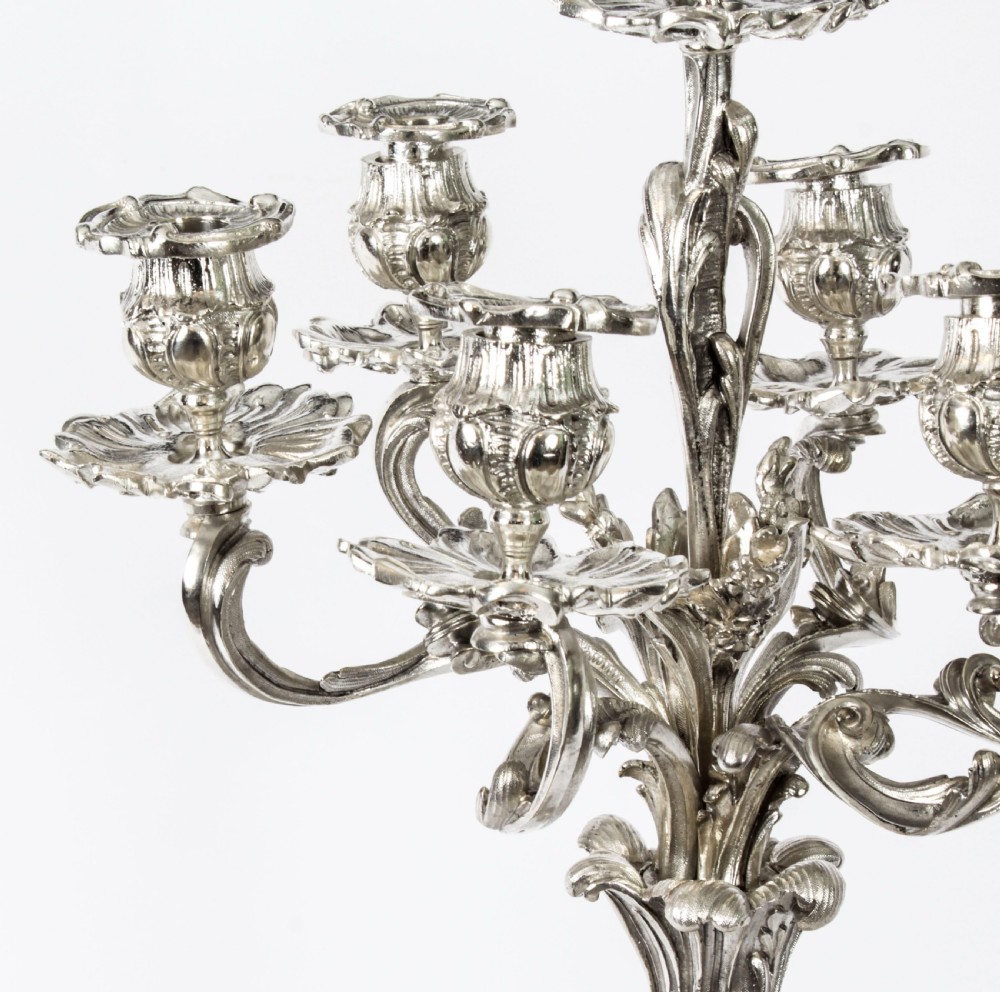 Antique Pair French Rococo Revival 7 Light Silver Plated Candelabra c.1920
 View V