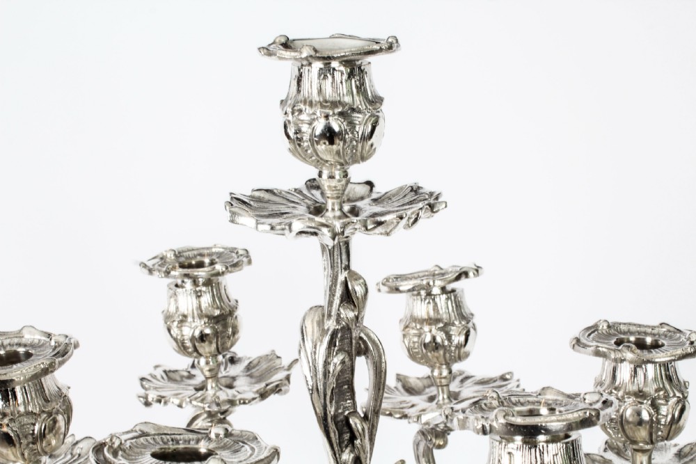 Antique Pair French Rococo Revival 7 Light Silver Plated Candelabra c.1920
 View XIII