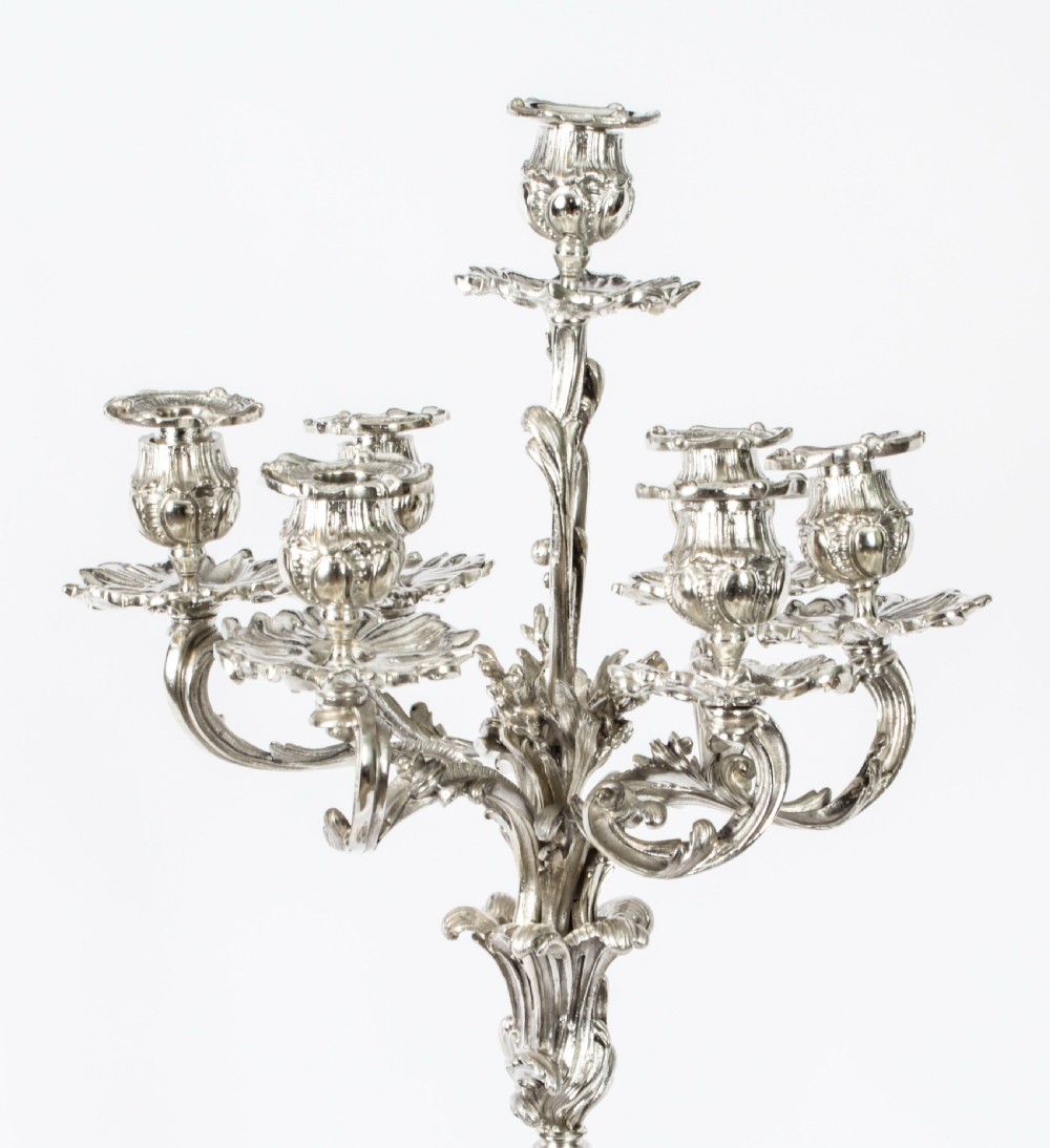 Antique Pair French Rococo Revival 7 Light Silver Plated Candelabra c.1920
 View XIV