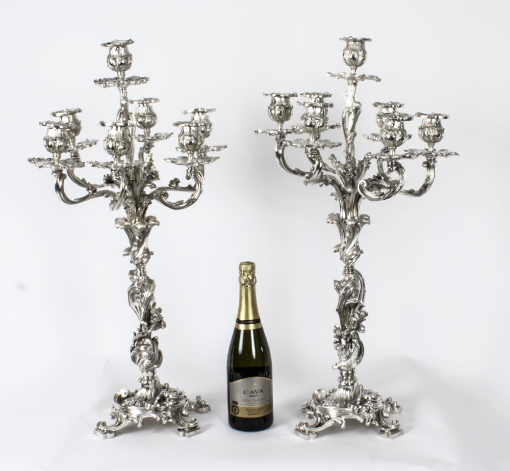 Antique Pair French Rococo Revival 7 Light Silver Plated Candelabra c.1920
 View XXI