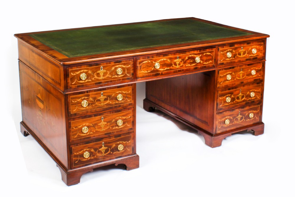 Antique George III Marquetry Inlaid Partners Pedestal Desk 18th C
