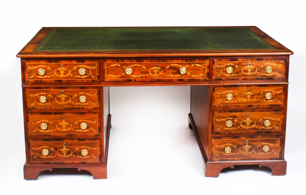 Antique George III Marquetry Inlaid Partners Pedestal Desk 18th C
 View II